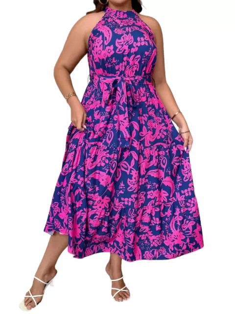 Floral Halter Dress Womens Blue Hot Pink Allover Floral Print Long Maxi Dress