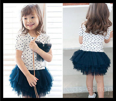 Girls 2 Piece Set White Navy Tutu Lace Skirt Top Dot Bow Party Dress Outfit 3-8