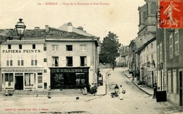 CPA STENAY Place de la Fontaine et rue Chanzy. 1907 MEUSE