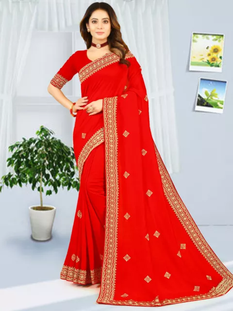 Designer Red Heavy Zari Embroidery Border Work Sari Georgette Wedding Wear Saree