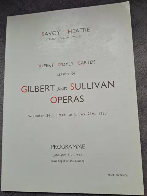 1933 D`Oyly Carte programme Gilbert & Sullivan Last night Savoy Theatre Season