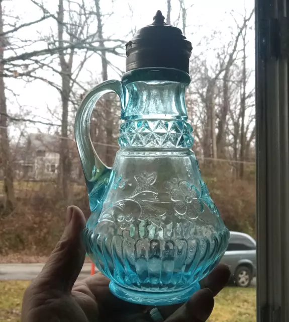 1880s RARE BLUE ADAMS NO.140 WILDFLOWER EAPG GLASS SYRUP PITCHER PAT 1884 LID