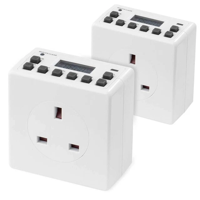 Nuevo paquete doble de 2 temporizadores de seguridad digital LCD compactos enchufe blanco Arlec