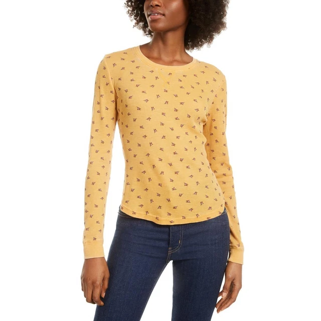 Ultra Flirt Womens Yellow Waffle Crewneck Casual Top Shirt Juniors L  4713