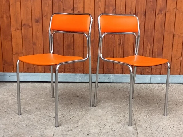 Silla Cromo de Comedor 70er Vintage Espacio Era Naranja Apilable 1/6