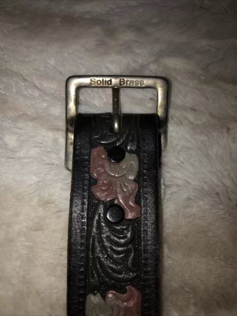 Beth Frank Womens Belt Black Pink Size 36 Genuine Leather Tooled Embossed EUC
