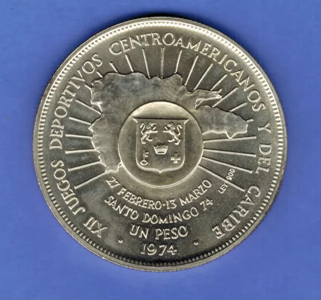 1974 DOMINICAN REPUBLIC UN PESO SILVER CROWN  - UNCIRCULATED  Juego del Caribe