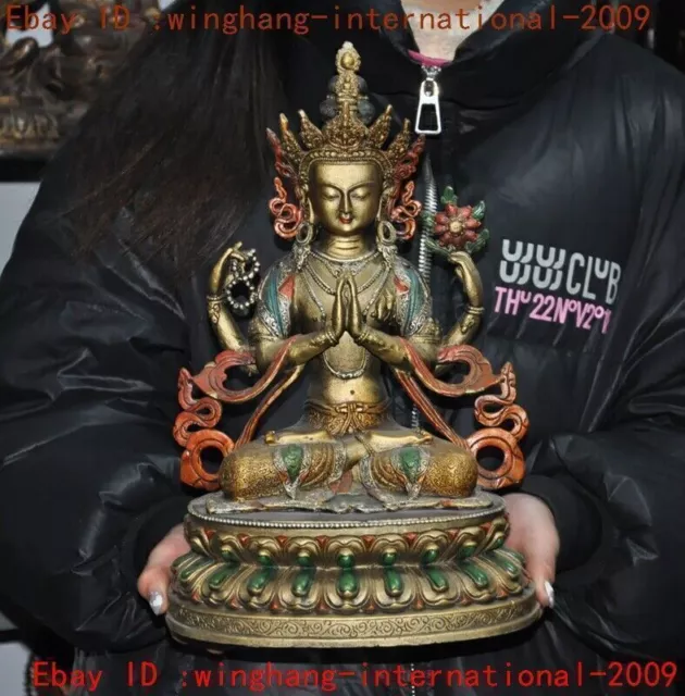 13"Old Tibetan Bronze Gilt 4 Arms Chenrezig tara Kwan-Yin Guanyin Buddha statue