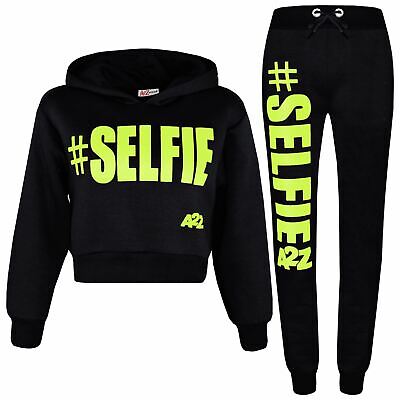 Kids Girls Track Suit #Selfie Black & Neon Green Hooded Crop Top Bottom Jog Suit