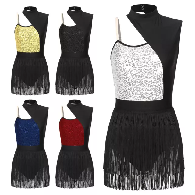 Womens Dancewear Fringed Leotard Party Dress Shiny Dance Contrast Color Latin