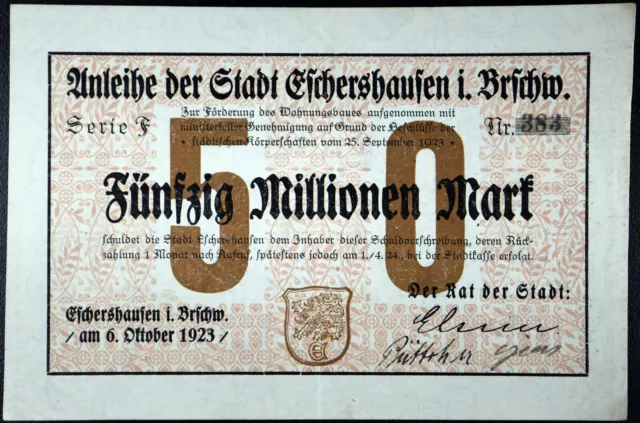 ESCHERSHAUSEN 1923 Radar No. 383! 50 Million Mark Inflation Notgeld Banknote