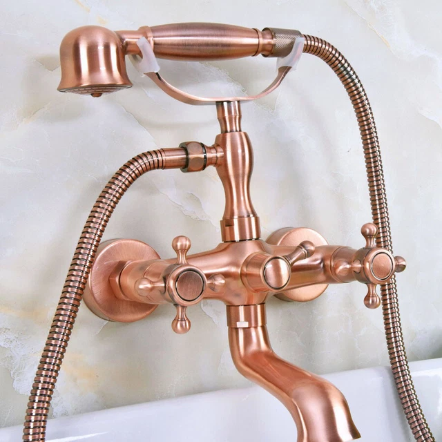Wall Mount Bathtub Faucet Antique Red Copper Mixer Tap with Hand Shower Spray