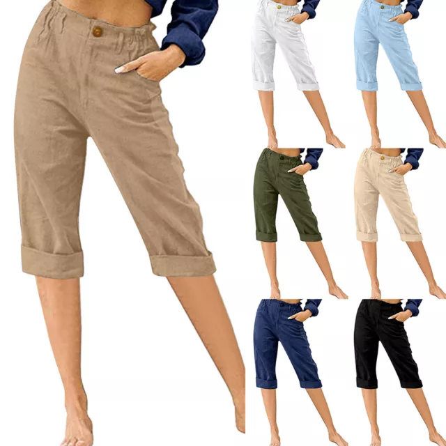 Pantaloni Estivi Da Donna In Cotone E Lino Pantaloni Capri Casual In Vita -