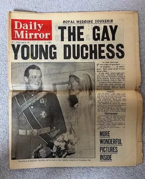 Periódico Daily Mirror - 9 de junio de 1961, boda real del duque de Kent