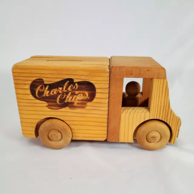 Vintage Pinehouse Toys CHARLES CHIPS Wooden Truck Bank Piggy Bank w Figure Man
