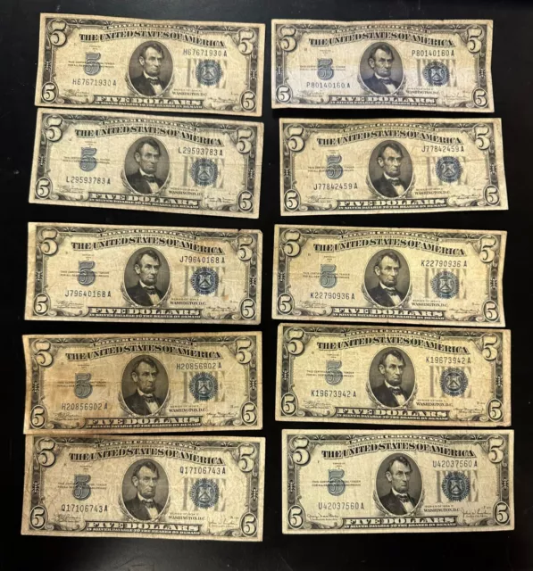 Lot of 10, 1934 $5 Silver Certificate Banknote Blue Seal 