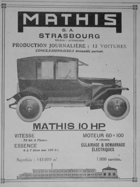 Publicité De Presse 1920 Mathis 10 Hp 12 Voitures Par Jour - S.a.strasbourg