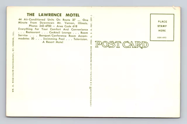 Mt. Vernon IL-Illinois Lawrence Motel  US Route 37, Advertising Vintage Postcard 2