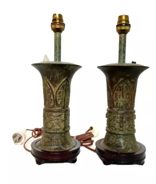 Pair Of Early C20th Chinese Archaic Style Verdigris Bronze Lamp-bases