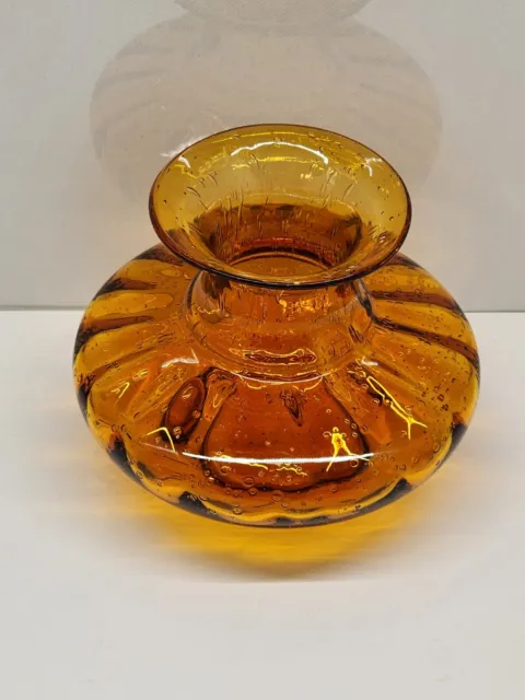 Pier 1 One Blown Art Glass Vase With Bubbles Orange Amber Round 5.5" W