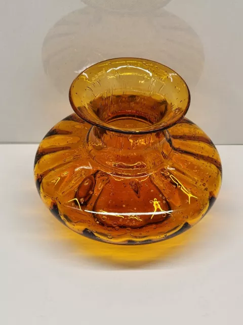 Pier 1 One Blown Art Glass Vase With Bubbles Orange Amber Round 5.5" W
