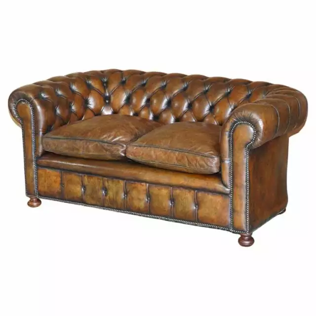Stunning Antique Fully Restored Cigar Brown Leather Chesterfield Sofa Walnut