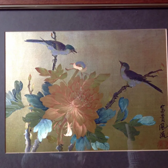 Chinese Picture Hand Painted Birds On Silk, "Courtship" Metallic Paints, Signed 2