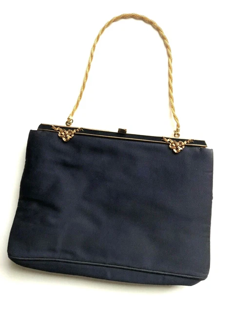 Vintage 1950s HARRY ROSENFELD Evening HANDBAG Twifaille PURSE Satin w/ Gold MCM