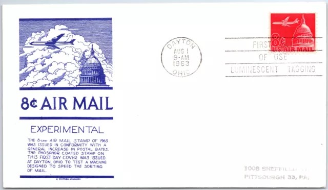 US FIRST DAY COVER LUMINESCENT TAGGED 8c AIRMAIL EXPERIMENTAL ANDERSON CACHET