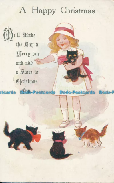 R022839 Greeting Postcard. A Happy Christmas. Girl and Kittens. National