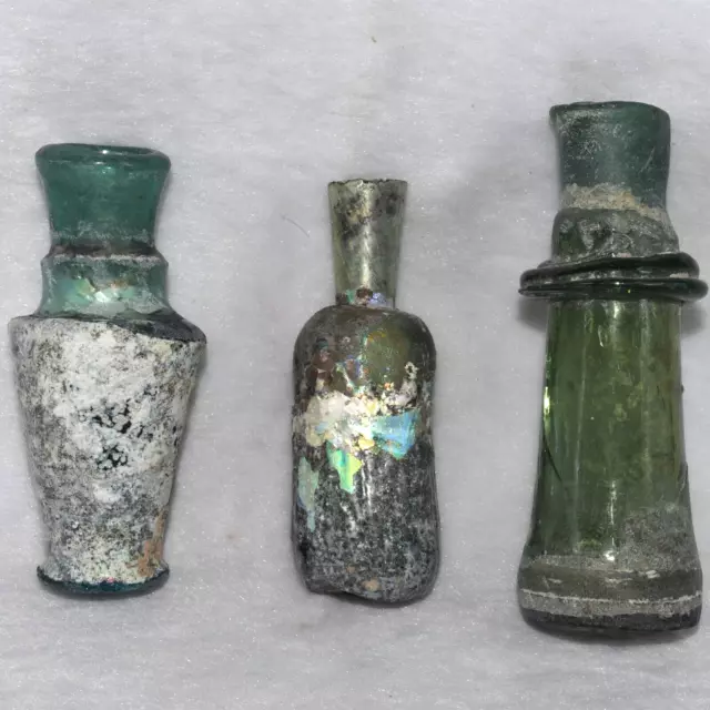 3 Ancient Roman Glass Bottles Used for Medicine & Perfumes Ca. 1st - 4th Century