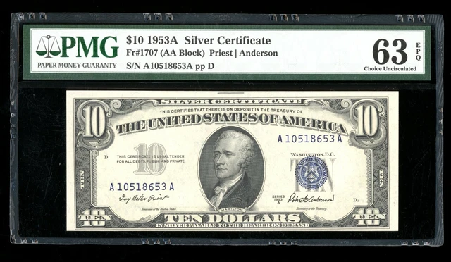 DBR 1953-A $10 Silver Fr. 1707 PMG 63 EPQ Serial A10518653A
