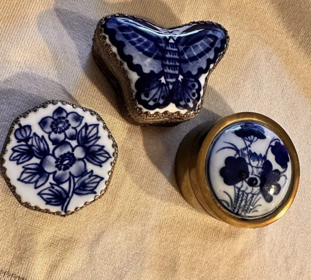 Lot Of 3 Vintage Metal Trinkets Boxes Porcelain Painted Lids Butterfly & Round