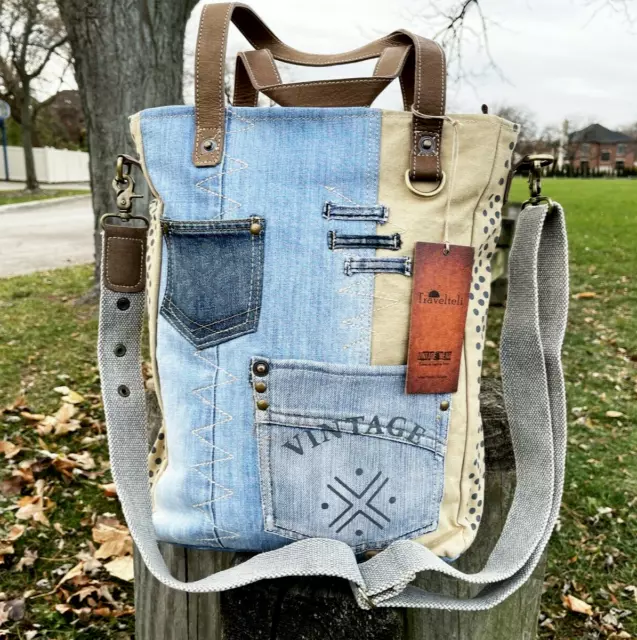 Denim And Upcycled Canvas Leather Trim Tote Western Crossbody Shoulder Bag