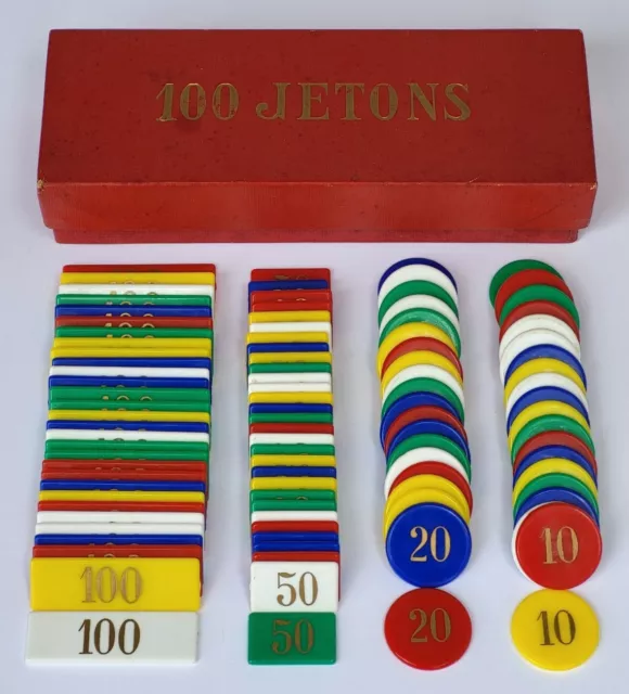 BOITE 100 JETONS VINTAGE chiffres recto verso JEUX CARTES POKER CASINO complet