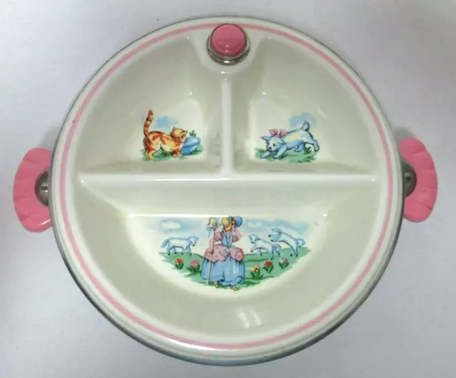 Vintage 1940s Little Bo Peep Divided Bowl Dish Warming Ceramic and Chrome pink