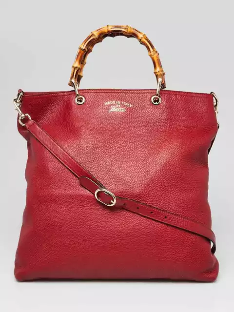 Gucci Red Pebbled Leather Bamboo Top Handle Shopper Tote Bag