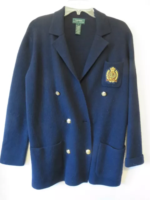 LAUREN Ralph LRL Merino Wool Sz L Double Breasted Crest Cardigan Sweater Jacket*