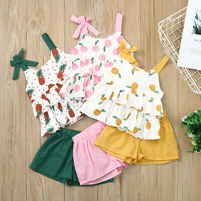 Baby Girls Sleeveless Ruffled Floral Bowtie Tops Shorts Outfits Set Toddler
