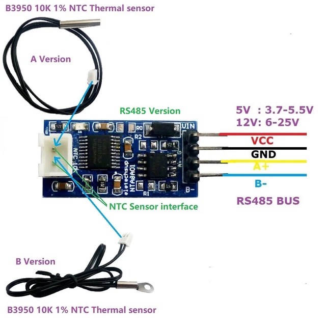 5V 12V RS485 TTL232 Modbus RTU 10K 3950 NTC Thermistor Temperature ...