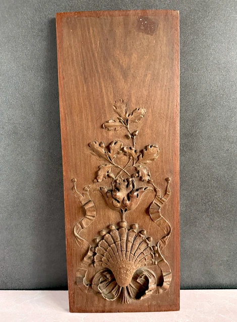 Antique Neoclassical Carved Mahogany 14-1/4" Cabinet Panel Shell Tulip Ribbons
