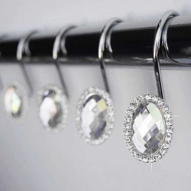 Shower Curtain Hooks Rings - Oval Decorative Crystal Bling Girls Bathroom Set