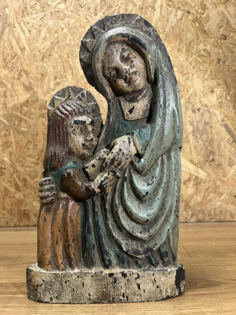 Ancienne Sainte Vierge à l'enfant Jésus,  Sculpture en bois polychrome