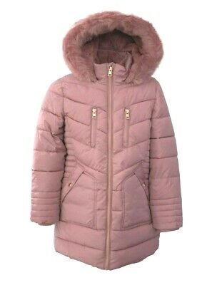Girls George Padded Coat Pink Fur Hooded Lined Warm Winter School Outerwear NEW