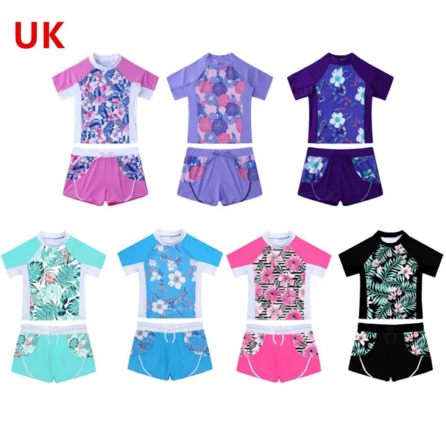 UK 2Pcs Kids Girls Swimming Suit Round Neck Short Sleeves Floral Print Top Short