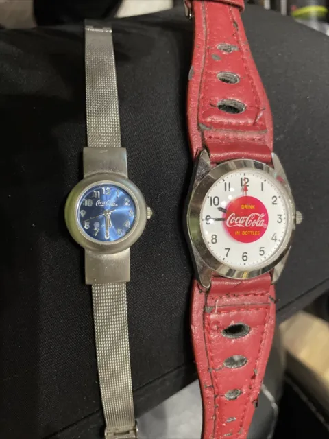 VINTAGE COCA COLA WATCH / RED LEATHER BAND-W/R Lot of 2 SILVER