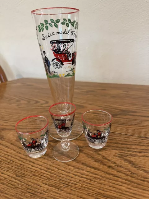 Lot of 4 ~ Libbey Glass Company Horseless Carriage 1905 Buick Model Pilsner, etc