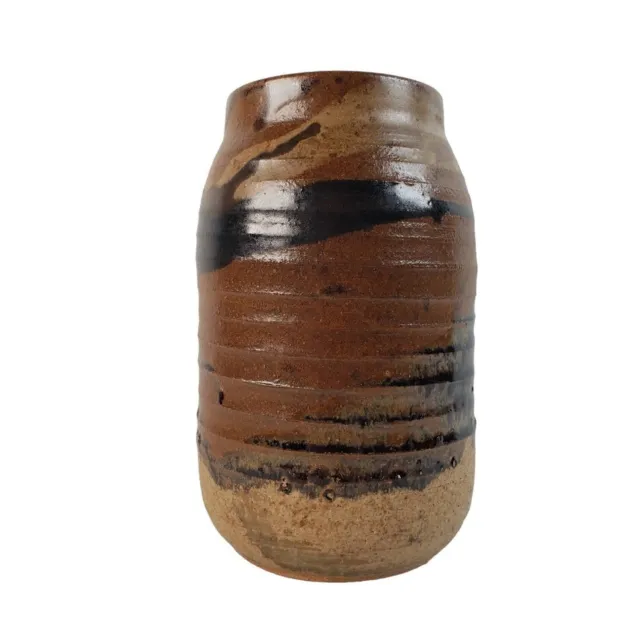 Art Pottery Jar Jug Hand Thrown Studio Art Signed MCM 7 1/4" Tall Brown Black