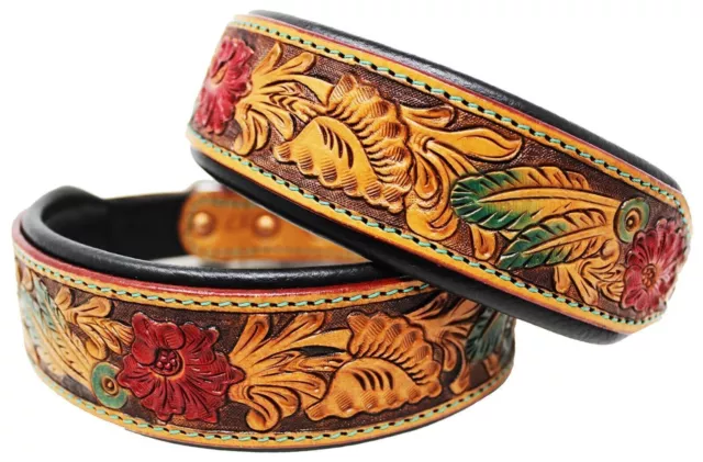 Hand Tooled Leather Dog Collar Heavy Duty Padded Genuine Leather Free Shipping