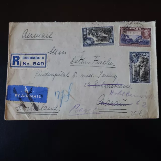 1938 - CEYLAN CEYLON - LETTRE recommandée COVER CaD COLOMBO pour la SUISSE